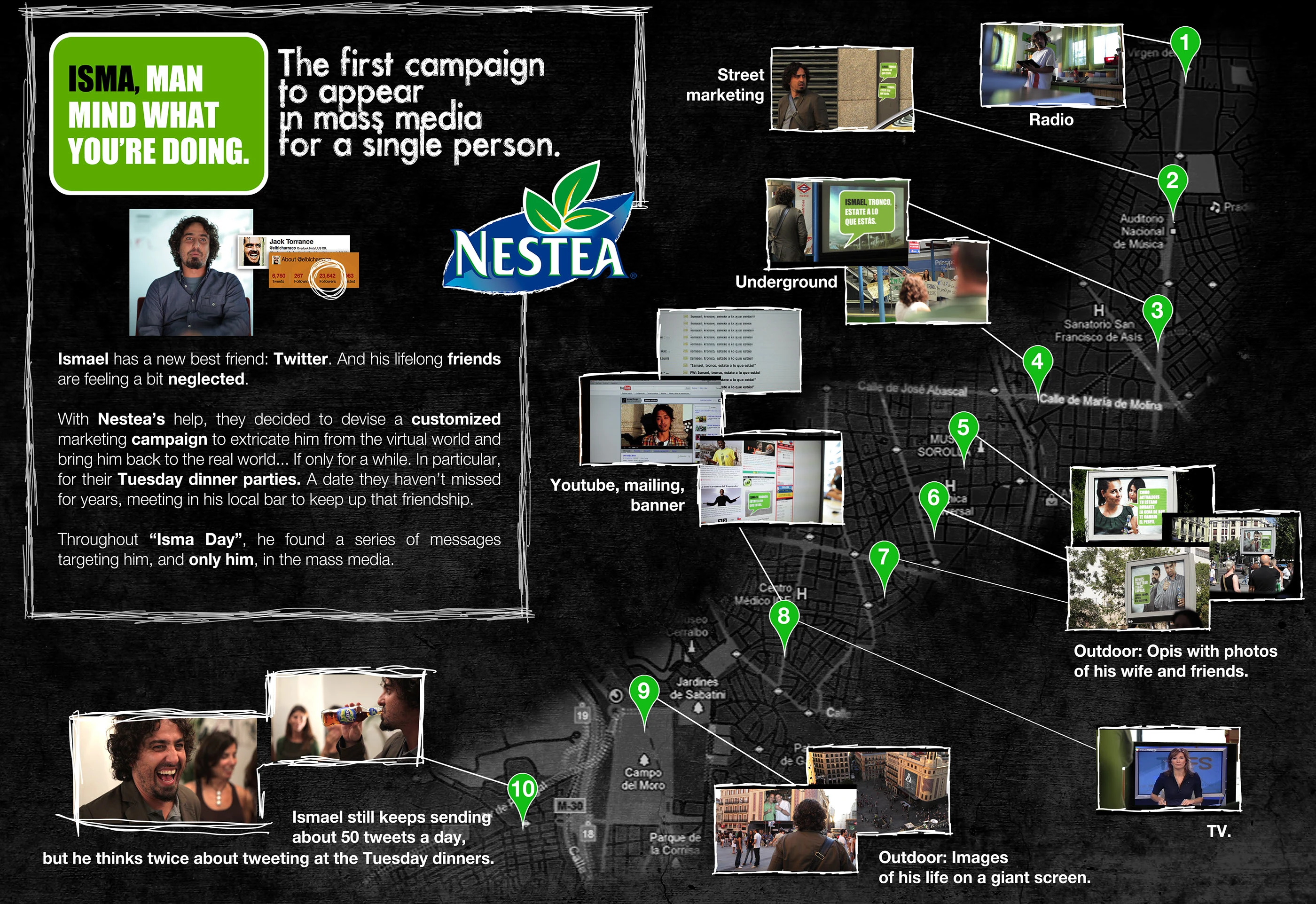 Gráfica de la campaña con prescriptor digital para Nestea, invitando a desconectar de las redes para atender a los próximos.